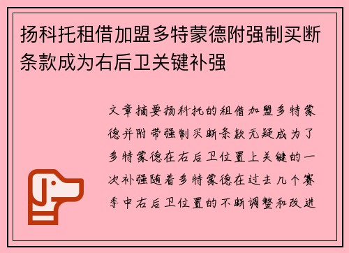 扬科托租借加盟多特蒙德附强制买断条款成为右后卫关键补强 扬科托租借加盟多特蒙德附强制买断条款成为右后卫关键补强